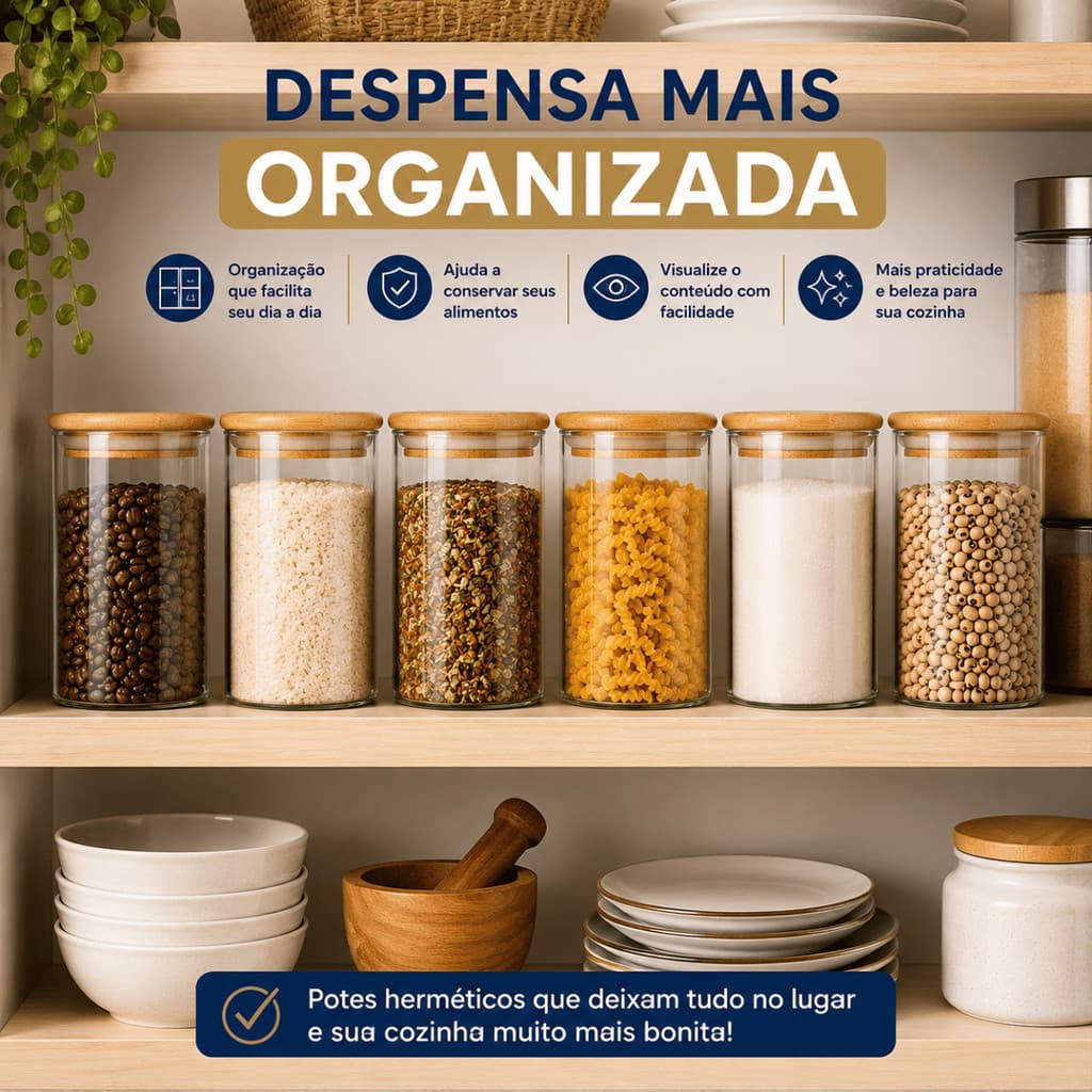 Potes Herméticos Levivan 450ml Kit Com 06 Potes de Vidro Redondo Tampa Bambu Para Mantimentos
