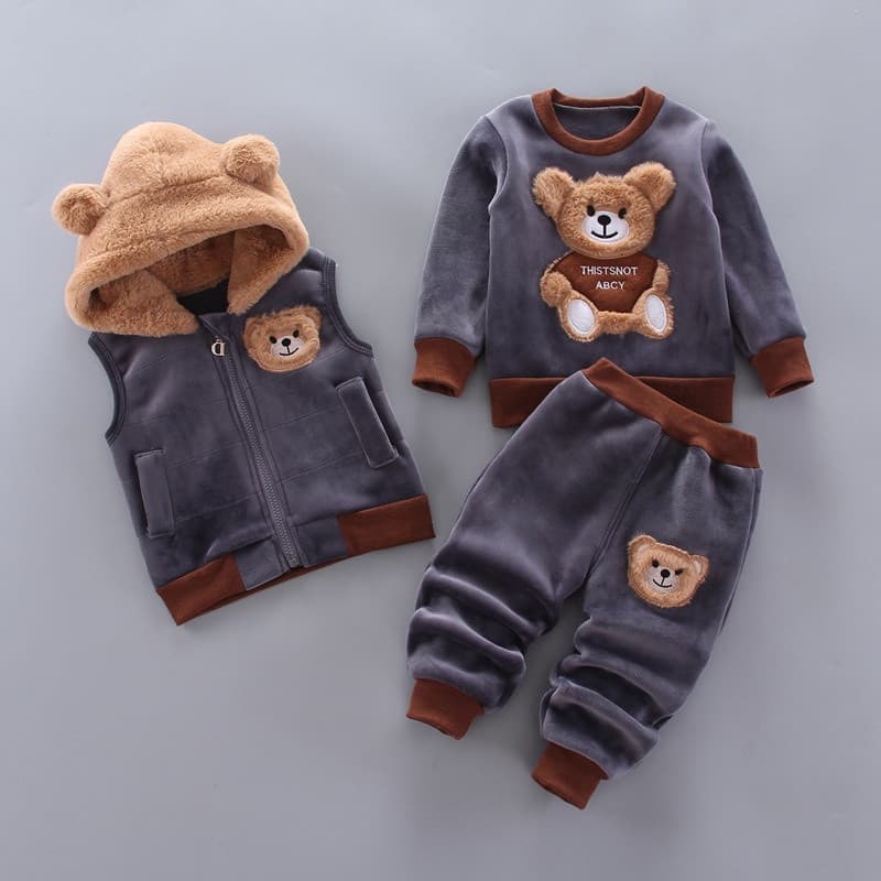 Conjunto de Outono Inverno para Meninas, Conjunto de 3 Peças para Meninos com Estampa de Urso de Desenho Animado (Camise