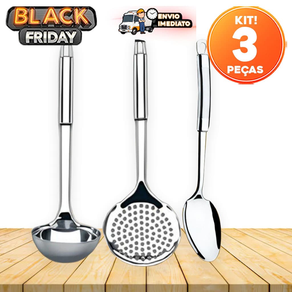 Kit 3 Utensílios de Cozinha Linha Premium – Colher de Arroz, Concha de Feijão e Escumadeira em Inox Alta Qualidade