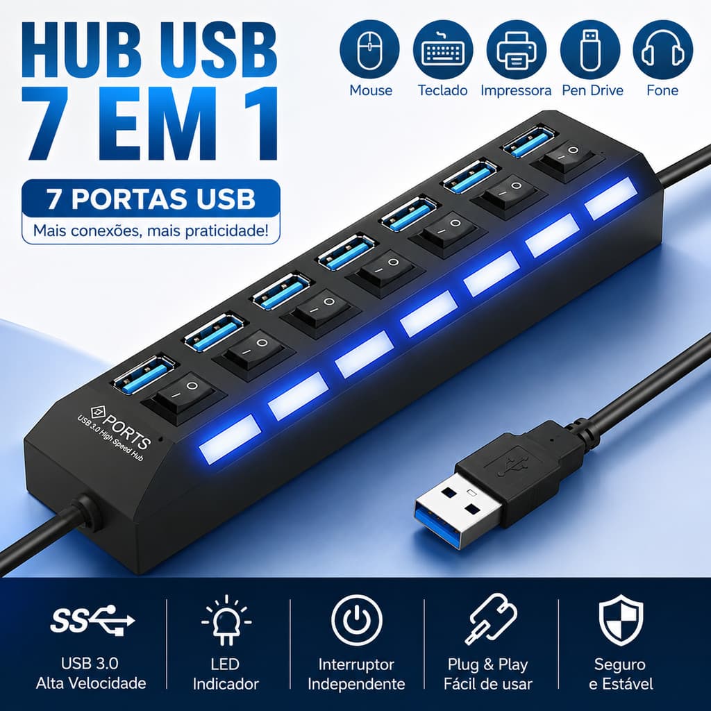 Hub 7 Portas USB Botoes Liga e Desliga