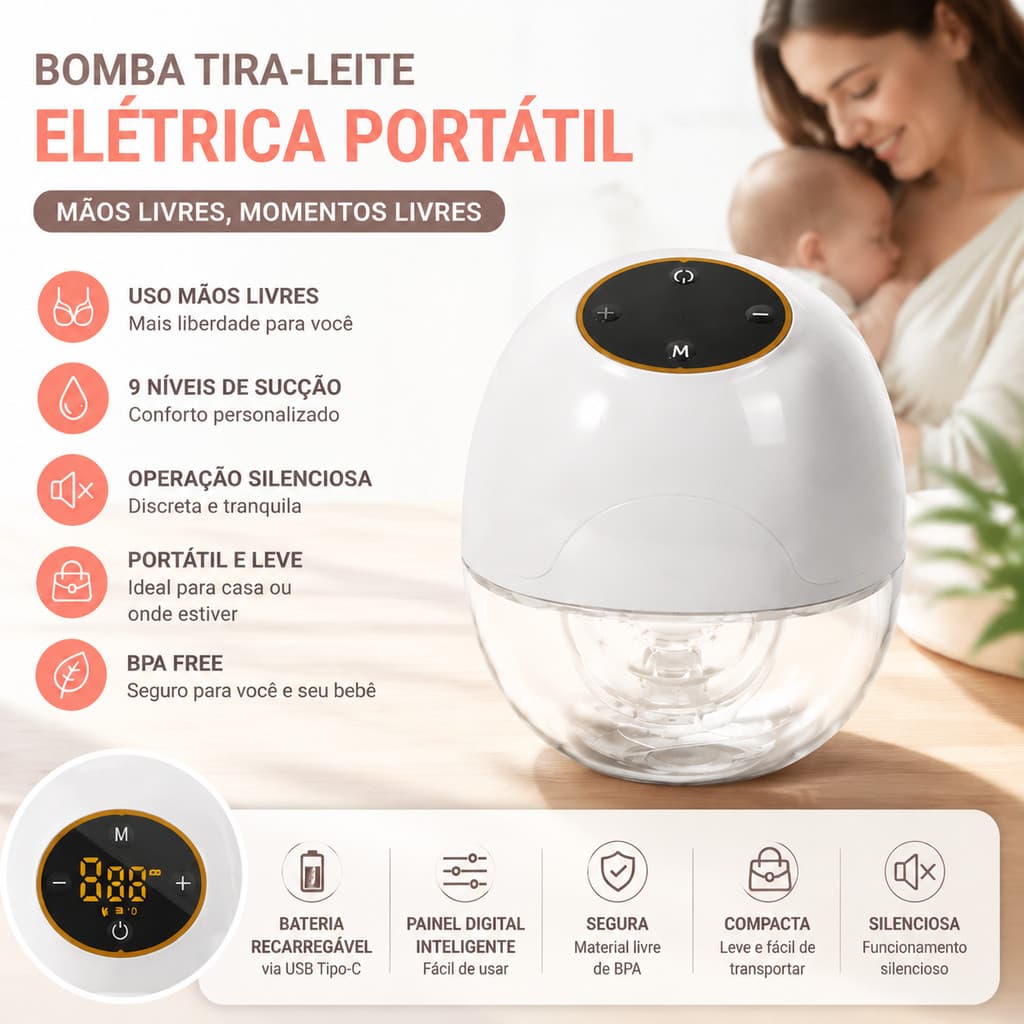 Bomba Tira Leite Elétrica Mãos Livres Portátil Recarregável USB Silenciosa 9 Níveis de Sucção Extrator Materno
