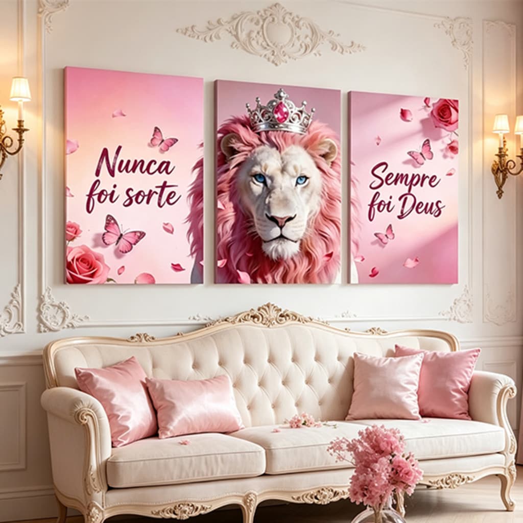 Kit 3 Quadros Decorativos Leao Coroa Rosa Borboleta Fe Motivacional Sala Quarto Parede Luxo Suave Moderno Decoracao Arte
