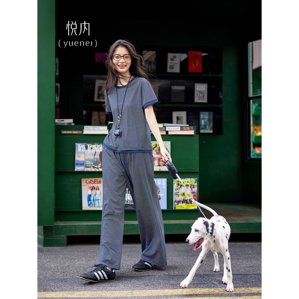Yue interior almofada no peito pijamas feminino verão puro algodão calças de manga curta Homewear moda Casual listras po