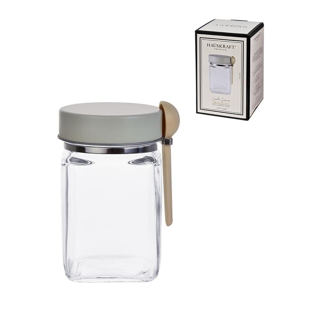 POTE QUADRADO MALONE HAUSKRAFT 260ML VIDRO COM TAMPA CREME E COLHER DE MADEIRA