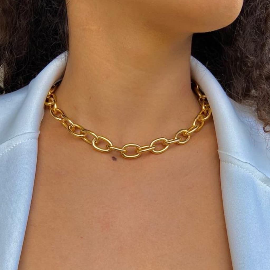 choker gargantilha correntaria elos grosso banhado a ouro 18k