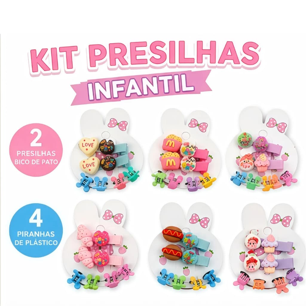 Kit Presilhas Infantil 6 Peças/2 Bico de Pato + 4 Mini Piranhas Decoradas Acessórios de Cabelo Menina