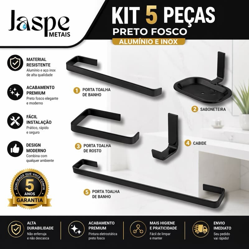 Kit Quadrado Preto 5 Peças - Acessórios Banheiro