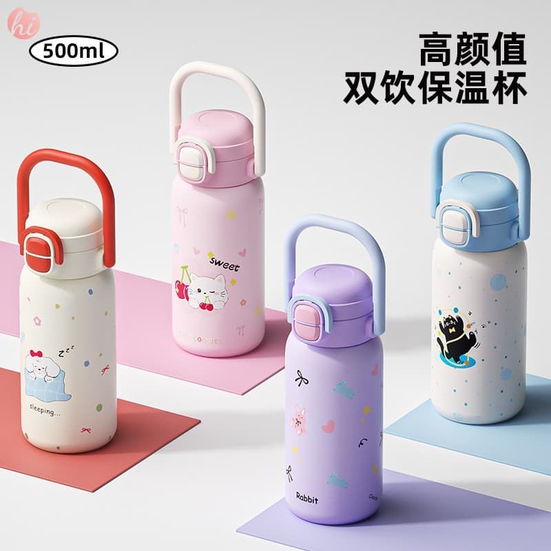Copo De Aço Inoxidável Colorido Doce De 500ml Com Estampa De Gatinho-Garrafa De Água Isolada À Prova De Vazamento De Par
