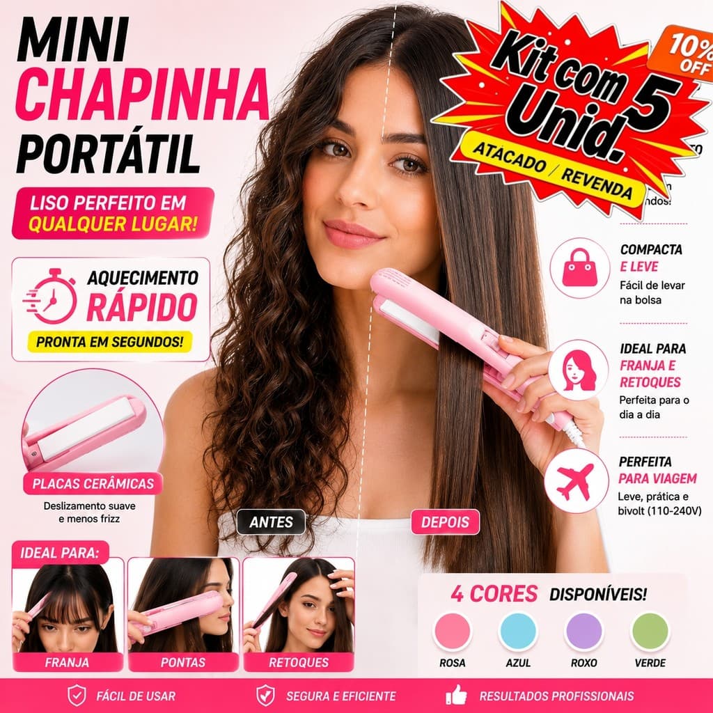 Kit 5 Chapinha Mini Portátil Bivolt com Case | Prancha Alisadora Compacta para Cabelo | Atacado