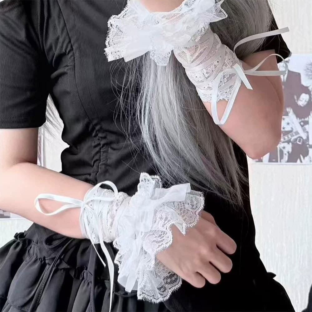 Babados Tule Floral Renda Braço Punhos Arco Design Fino Respirável Manga Curta Feminina Lolita Traje Decoração