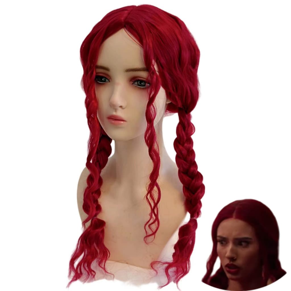 Peruca de cosplay de Descendants 5: Evil Wonderland, estilo trançado vermelho, peruca de anime de cabelo longo vermelho,