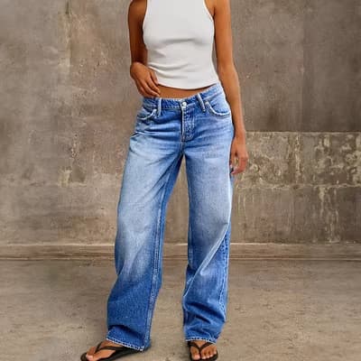 Calça Jeans Feminina Cintura Alta Reta Wide Leg Azul Vintage
