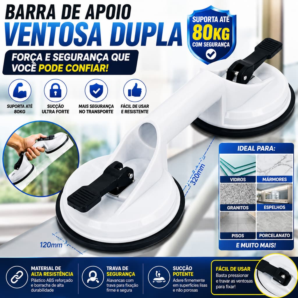 Barra de Apoio Ventosa Dupla Profissional Suporta 80kg para Vidro e Banheiro Genérico D447