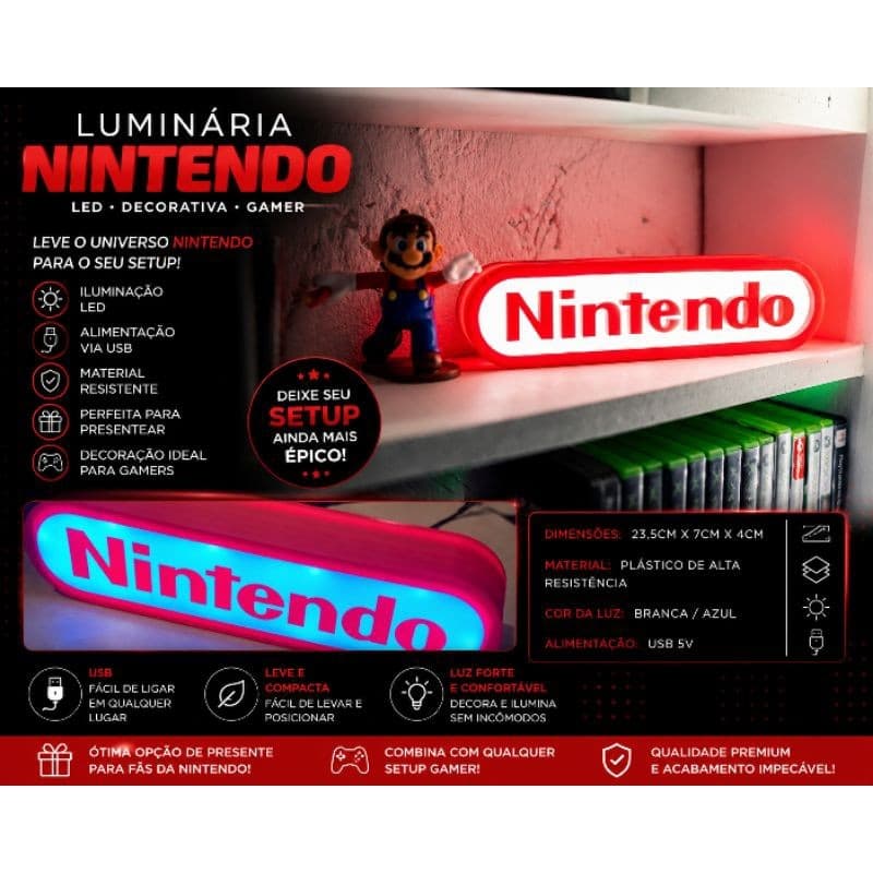Luminária Nintendo LED Geek Gamer Decorativa USB Quarto, Setup e Game Room