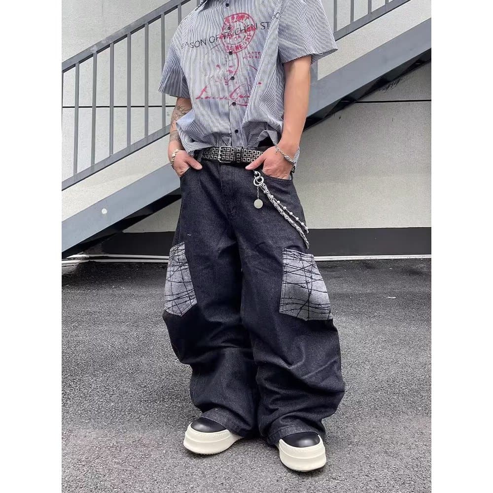 Retro xadrez grande bolso Machete costura Jeans masculino feminino casual estilo americano reto solto casual perna larga