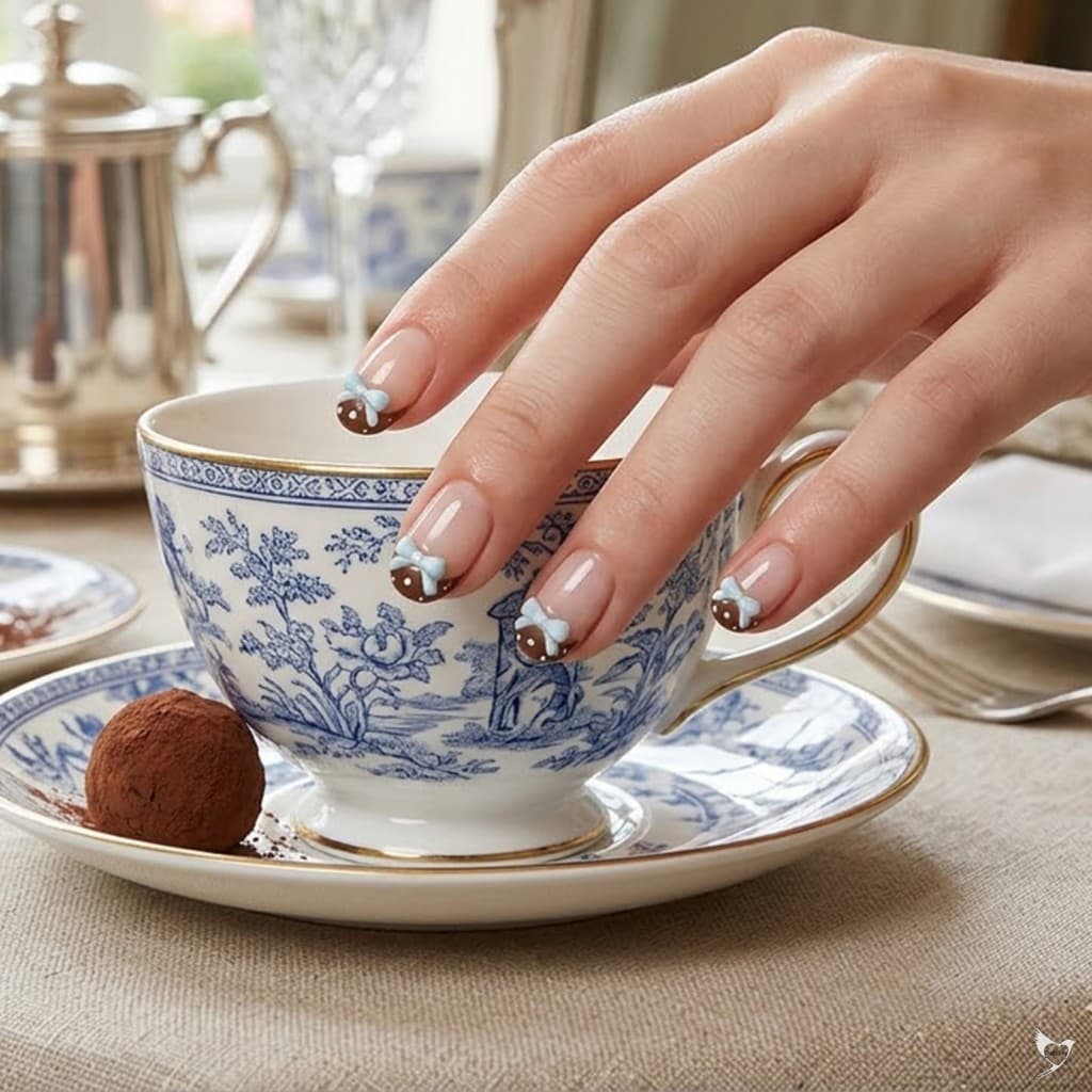 24pcs Unhas Postiças Com Arco De Contas Marrons Azuis-Material De Resina De Uso Rápido
