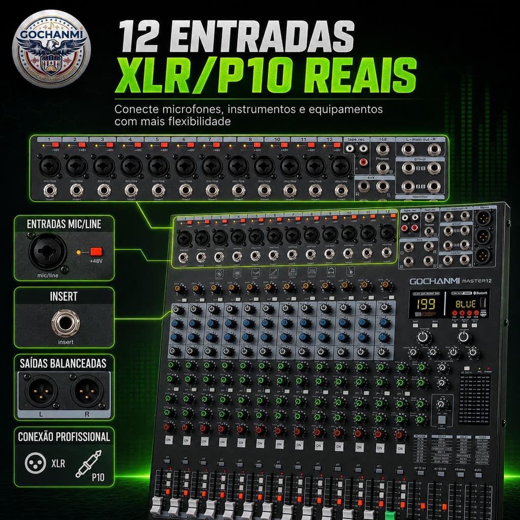 Mixer Profissional Master12 para Palco Igreja Estúdio Evento 12 Canais 4 AUX 4 Grupos e USB
