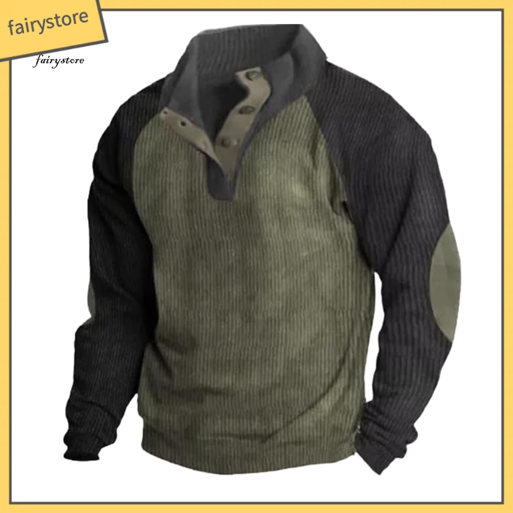 Fall Men Top Spring Autumn Men’s Sweatshirt Colorblock Patchwork Retro Half-zip Stand Collar Loose Fit Long Sleeve Plu