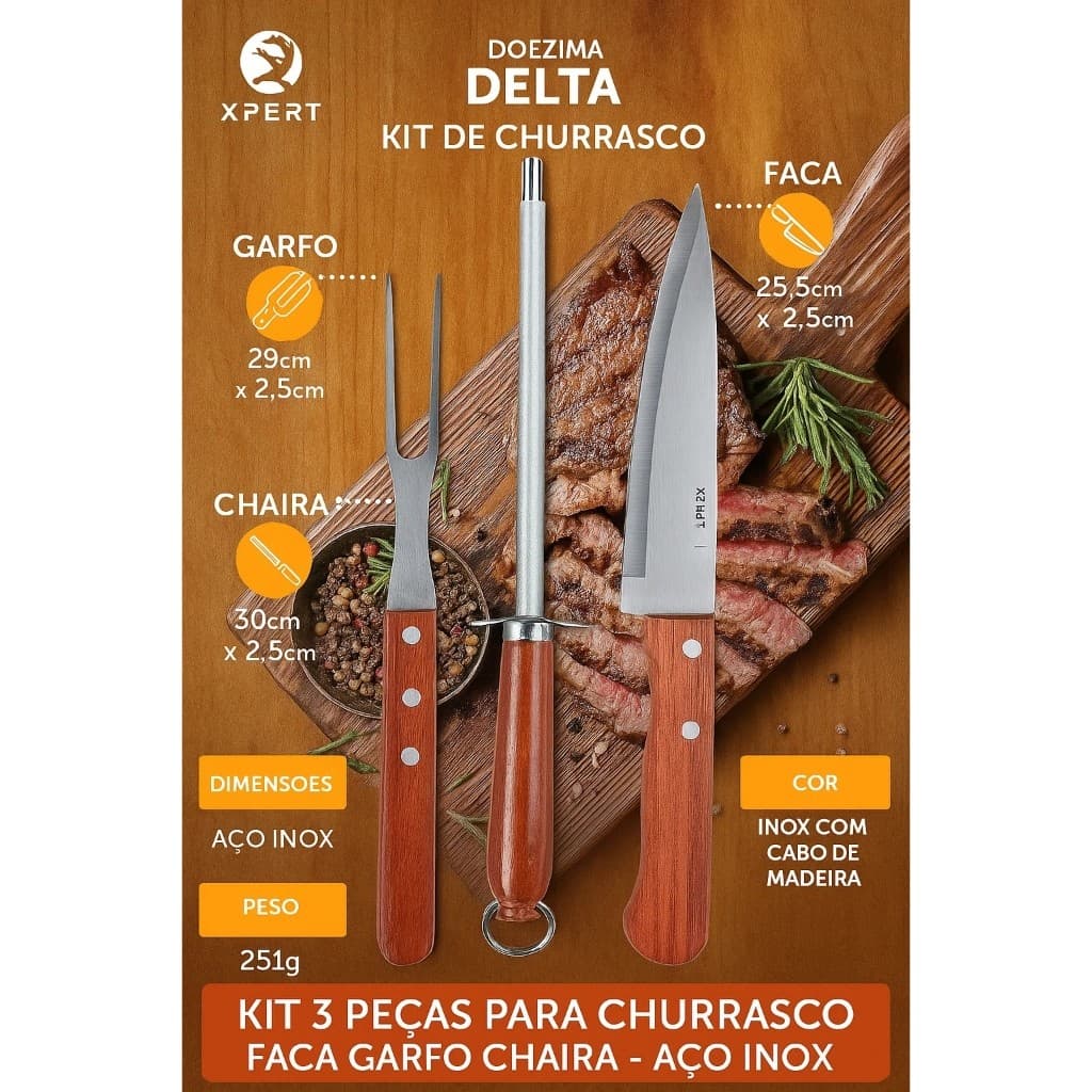 Kit Churrasco 3 Pecas Faca Garfo Chaira Amolador Inox Cabo Madeira Utensilios Assados