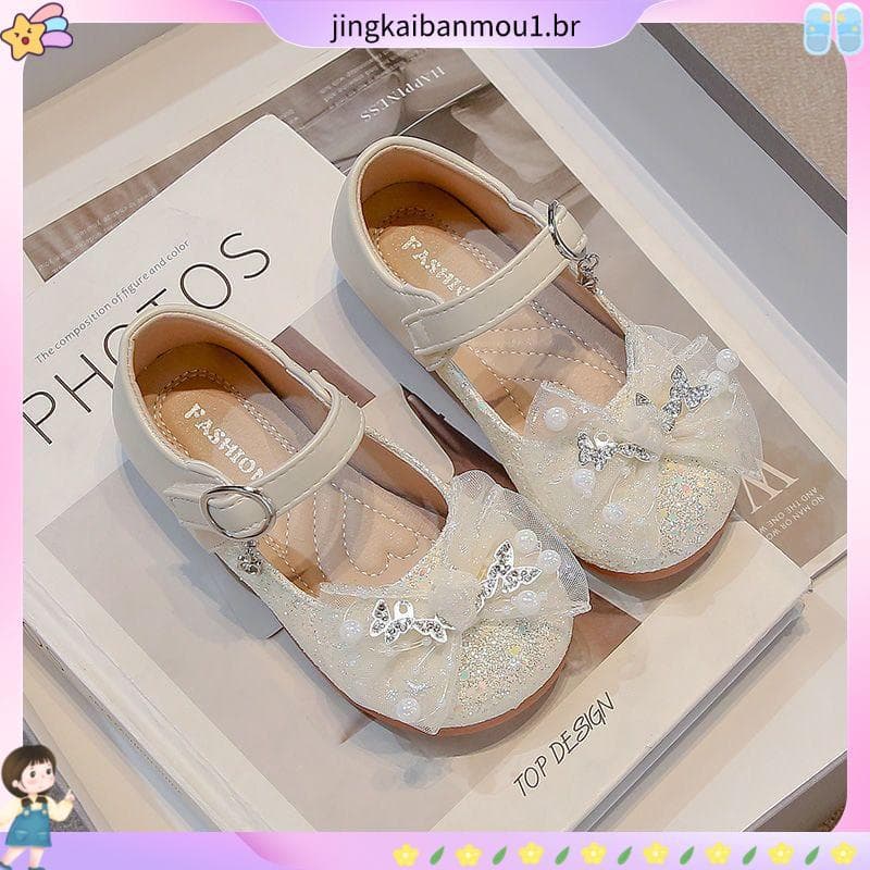 Meninas pequenos sapatos de couro 2025 primavera novo estilo meninas brilhantes sapatos de princesa de sola macia médio