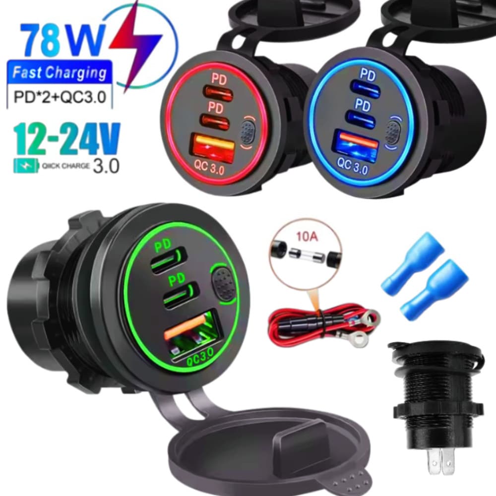 78W 3 Portas De Carga Rápida Dupla PD & QC 3.0 Abertura 12-24V Carro Motocicleta Carregador Tomada Para Barco Caminhão M