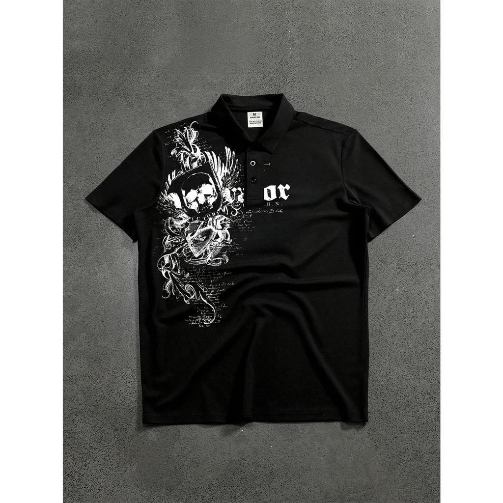 Camisa Polo Masculina Estilo Biker de Manga Curta com Estampa Gráfica de Caveira e Letras - Camiseta de Caimento Solto A