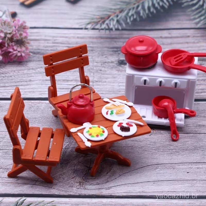 Floresta Animal Família Casa De Bonecas Móveis Conjunto Cozinha Mini Geladeira Bakeware Simulação Comida Brinquedos