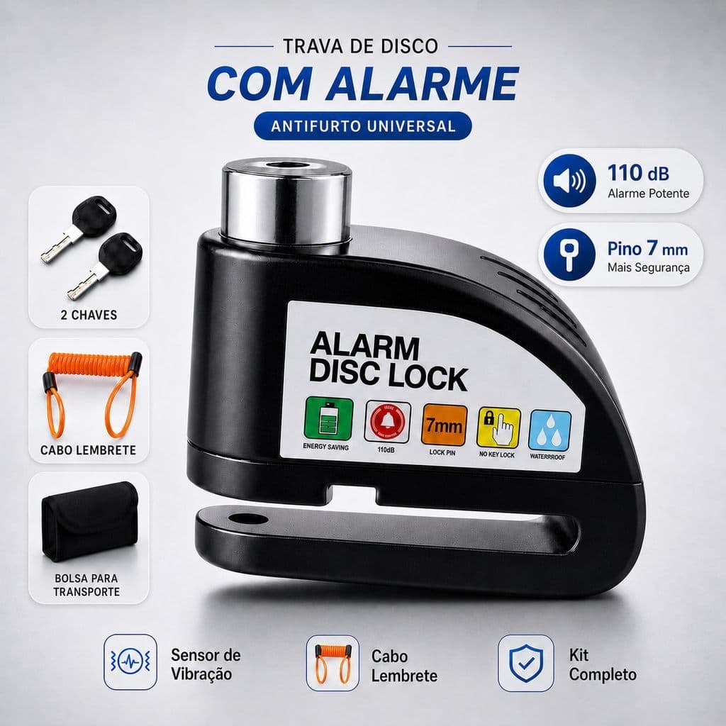 Trava de Disco para Moto com Alarme 110dB Antifurto, Pino 7mm, Cabo Lembrete, 2 Chaves e Bolsa