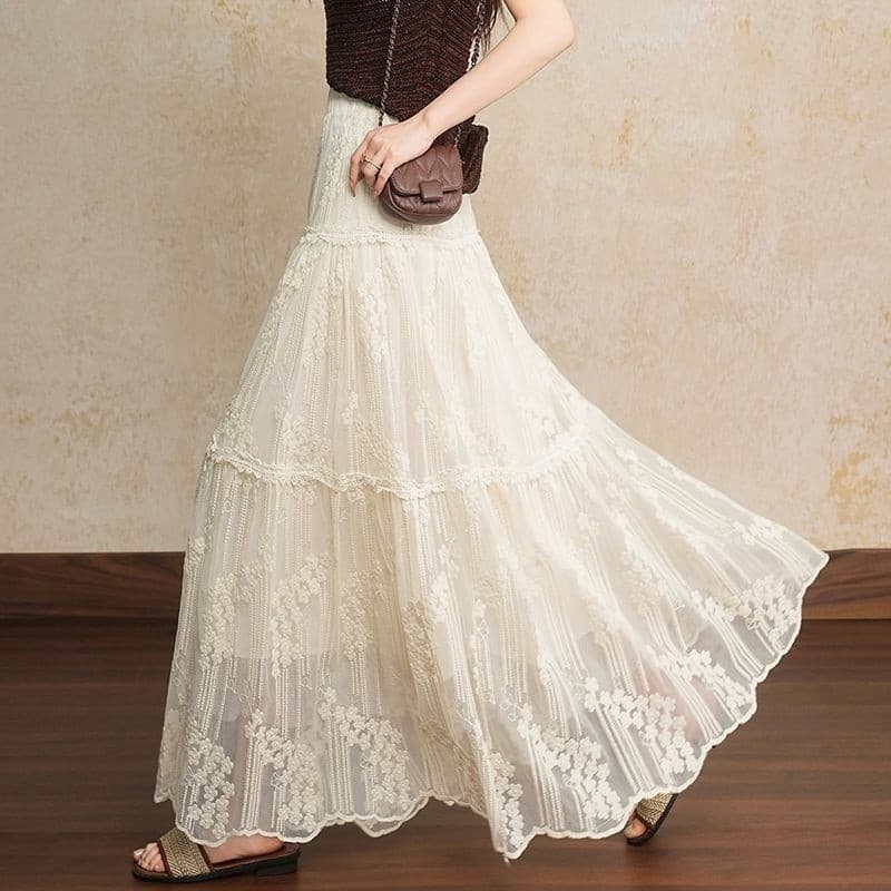 Saia de costura de renda longa feminina primavera verão cintura alta Drape saia de fadas a linha saia de bolo