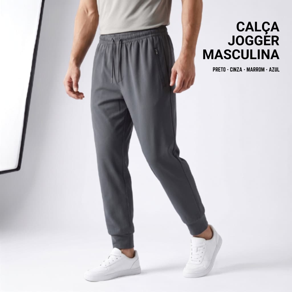 Calça Jogger Masculina Cargo Premium com Elastano Bolso Zíper Casual Academia Streetwear