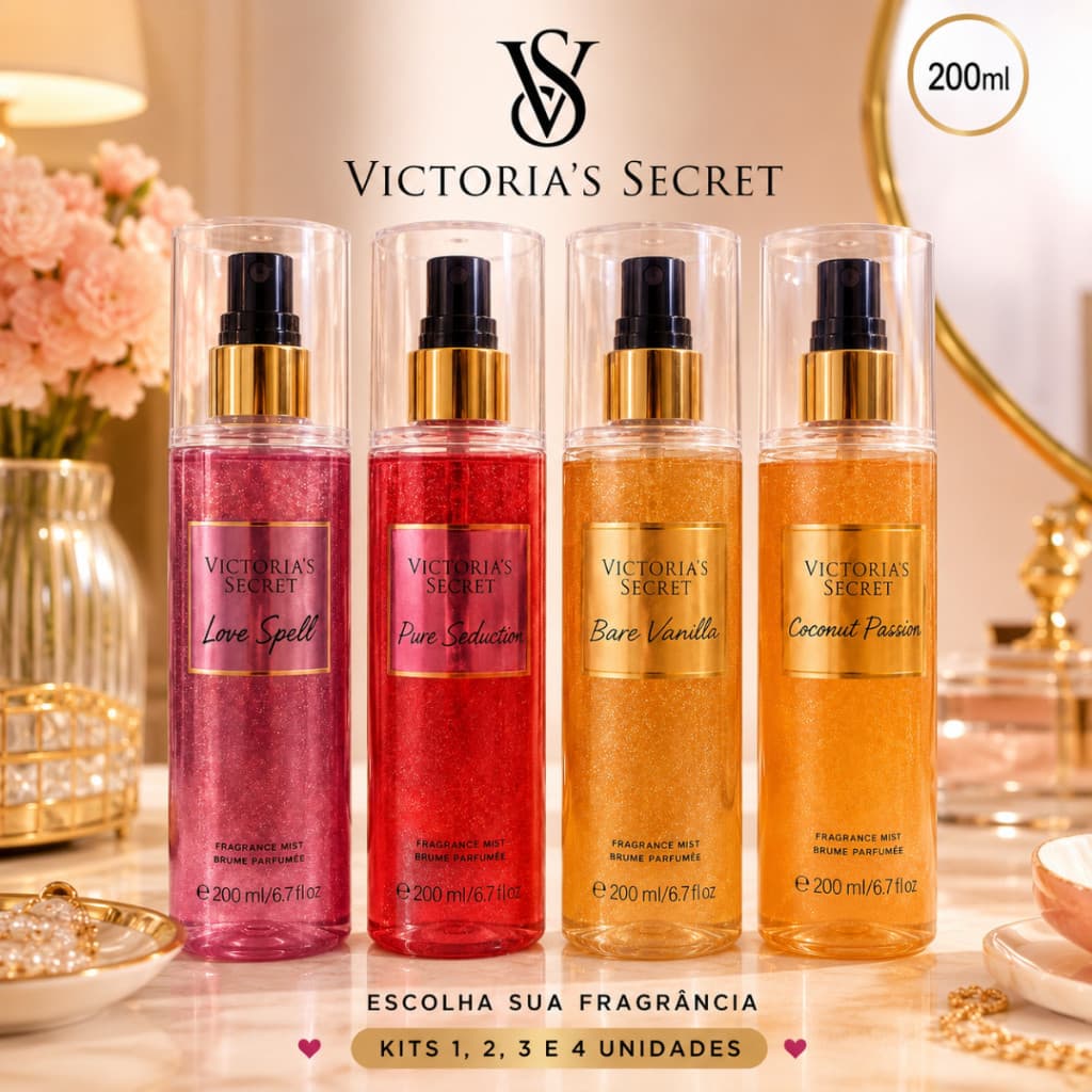 Kit com 1,2,3 Ou 4 Body Splash Glitter VS Love Spell Pure Seduction Vanilla Coconut