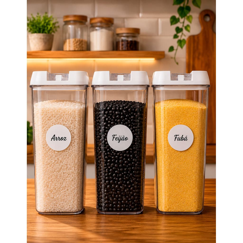 3 Potes Herméticos 1200ml com Tampa Vedação Colheres Medidoras e Adesivos para Cozinha