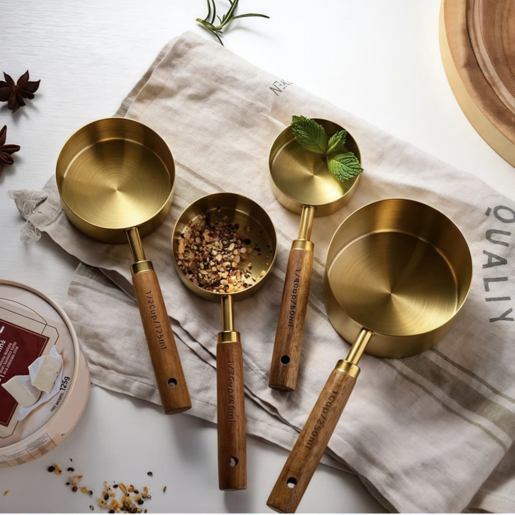 Colheres Medidoras de Aço Inox com Cabo de Madeira – Dourado Luxo para Cozinha Moderna JI SHOP