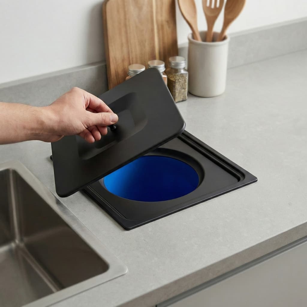 Lixeira De Embutir Quadrada Preta 8L Aço Inox 304 E Balde ABS Cozinha