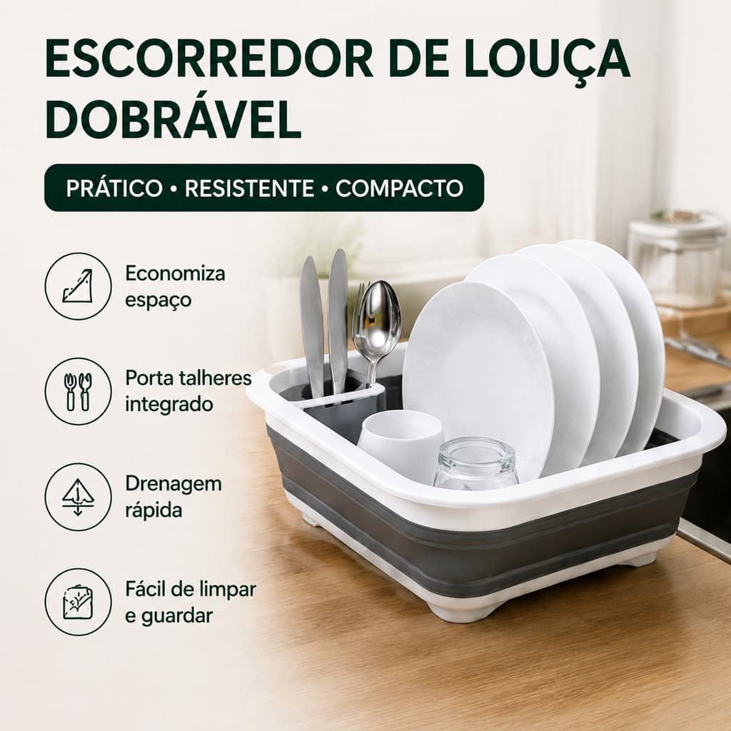 Escorredor de Louça Compacto Dobrável com Divisórias para Pratos Talheres e Utensílios Domésticos