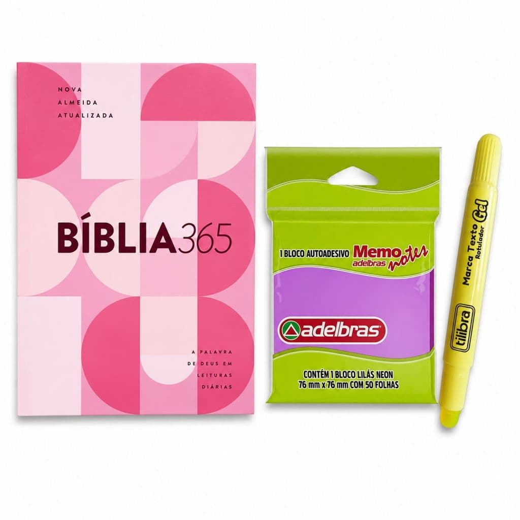 Kit Bíblia 365 - Letra Grande + Bloco Adesivo + Marca Texto