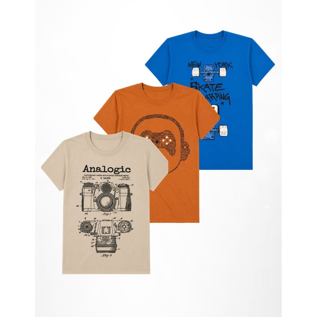 Kit 3 Camisetas Tshirts Meninos Juvenil Curta Infantil Gola Redonda Estampas Bike Game Musica Skate