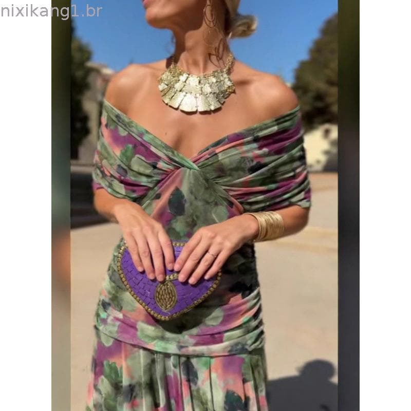Vestido Feminino De Chiffon Estampado Com Ombros Abertos Para Mulheres