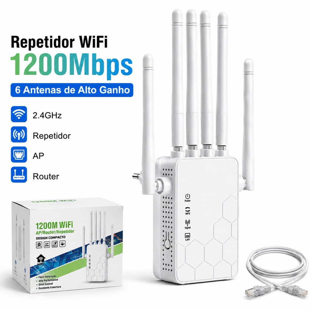 Repetidor WiFi 1200Mbps Dual Band 2.4GHz 5GHz Extensor de Sinal com Antenas e Porta LAN