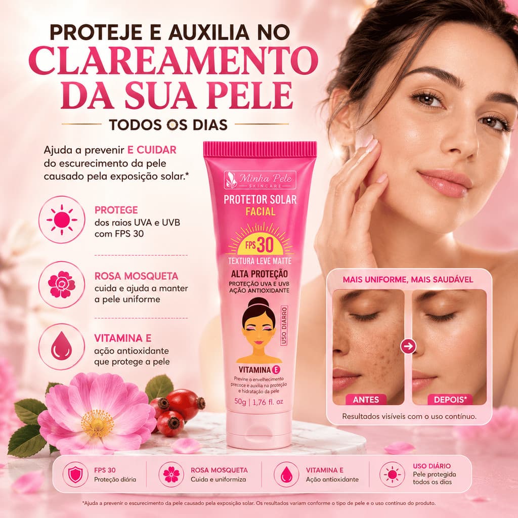 Protetor Solar Facial fps 30 com Rosa Mosqueta e Vitamina E Clareia e Protege 50g