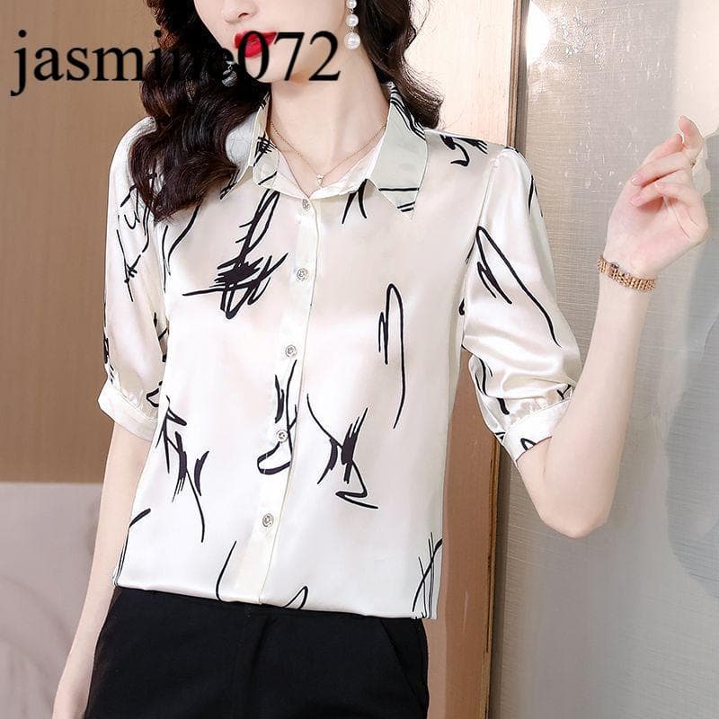 Top feminino camisa de seda de manga curta tecido de seda amoreira nicho luz Design de luxo impressão artesanato 2026 pr
