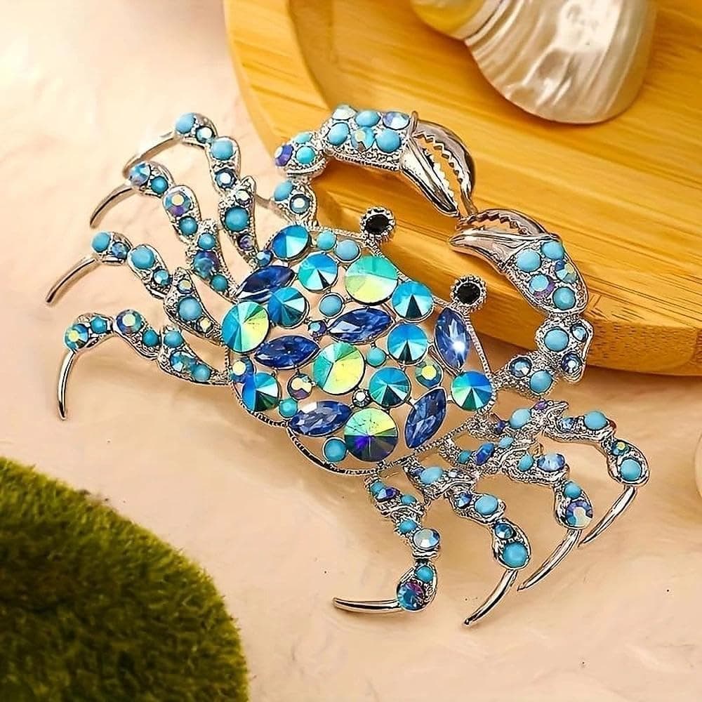 Broche de Caranguejo com Strass Brilhante e Safira - Joia de animal marinho fofa para mulheres, adequada para festas e u