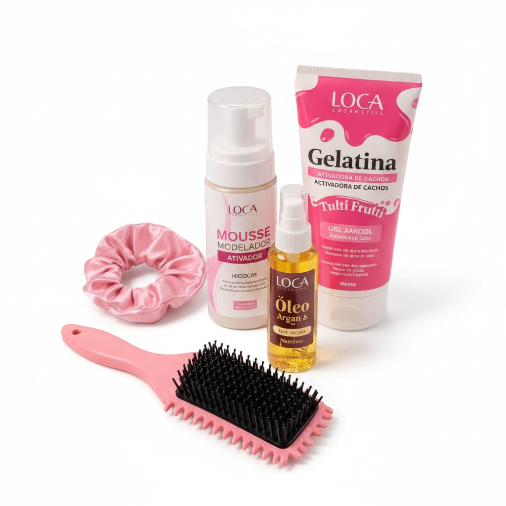Kit Capilar Loca Cosmetics - Gelatina Tutti Frutti, Óleo de Argan, Mousse Rosa Mosqueta, Escova de Fitagem e XuxinhaXAEI