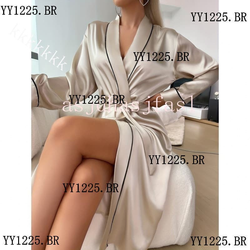 Robe de manga longa de cetim resistente elegante, decote em v e cinto-pijama de luxo feminino, máximo conforto e estilo