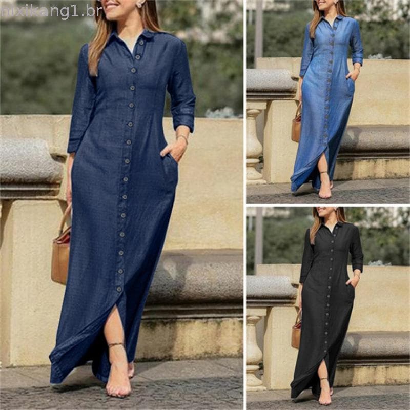 Vestido Feminino Elegante De Manga Comprida Longo De Cor Sólida