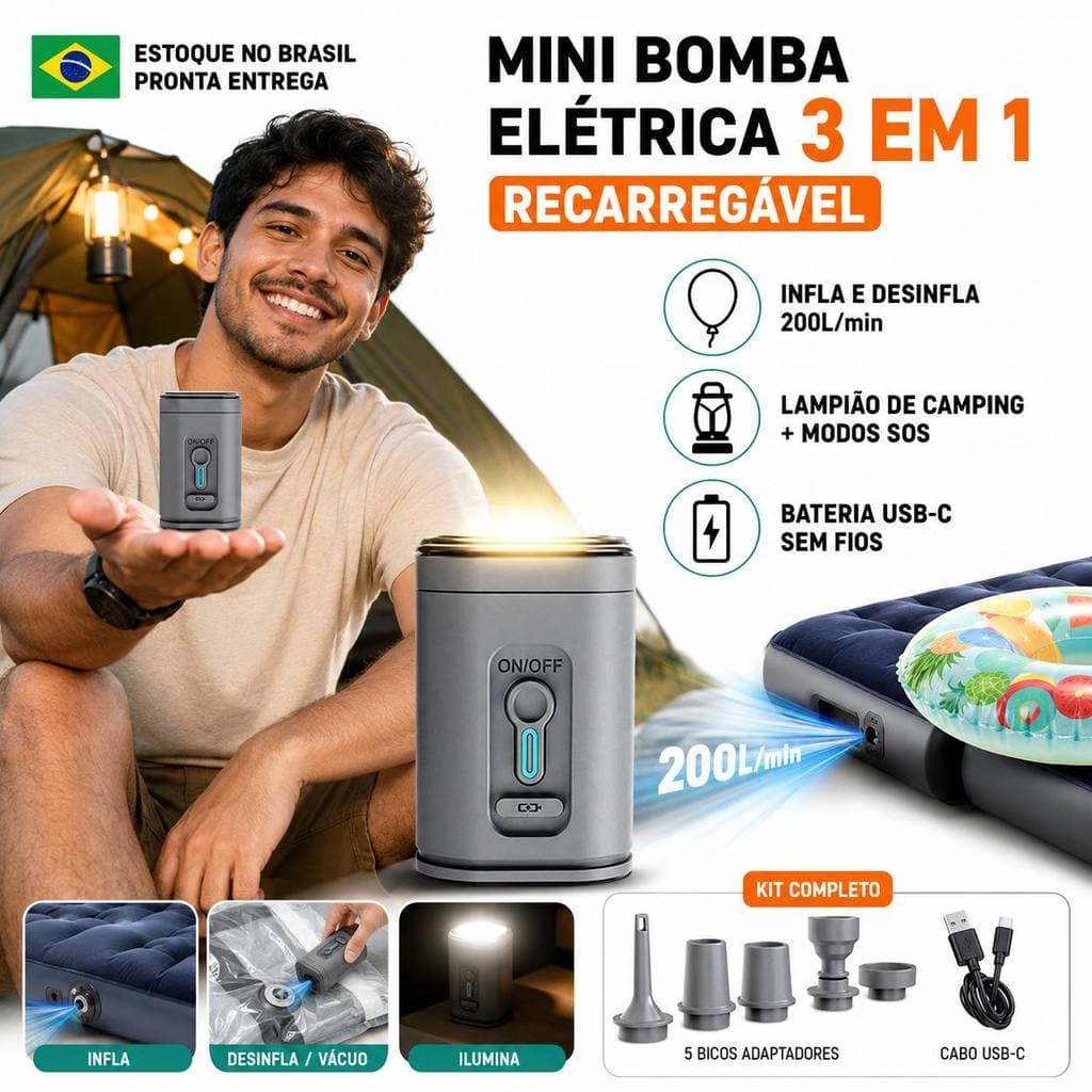 Mini Compressor Bomba de Ar Portátil Recarregável USB Inflador Elétrico Sem Fio Colchão Boia Camping LED