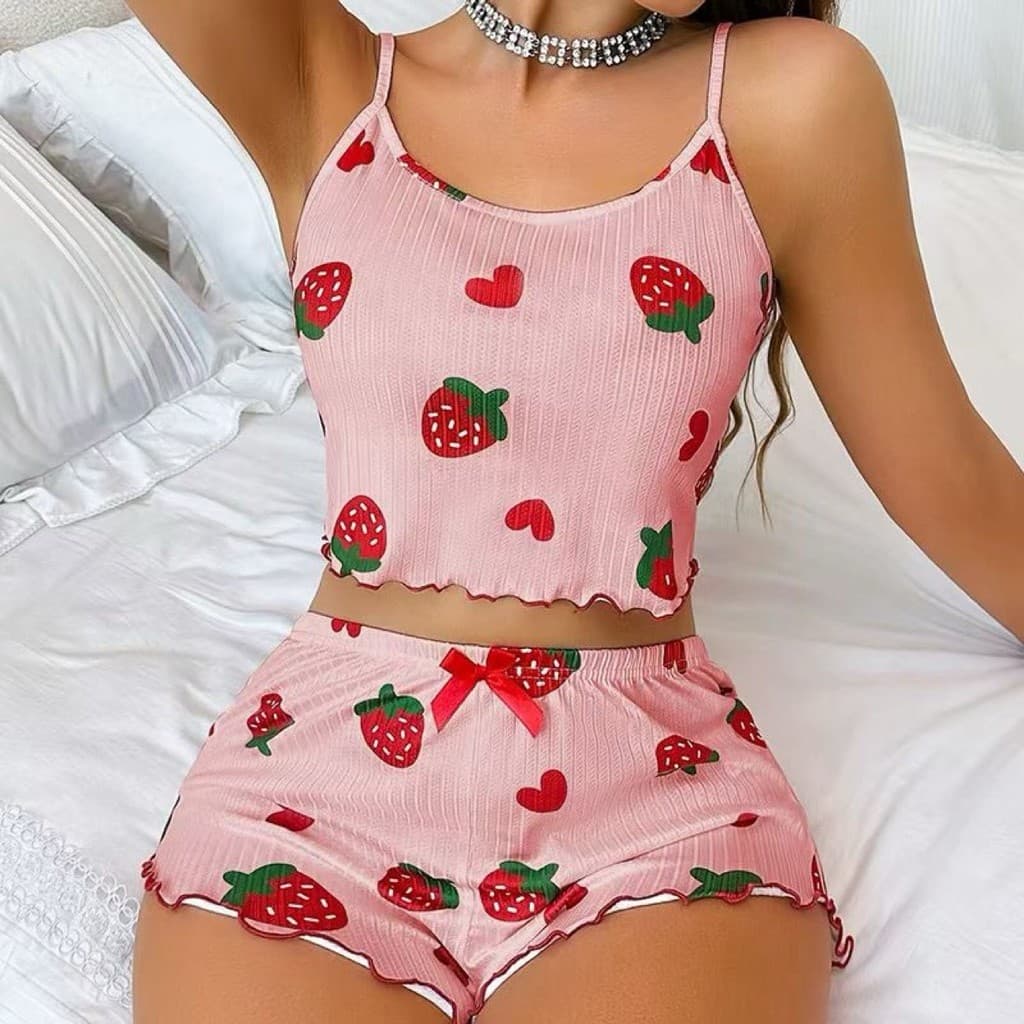 Roupa de descanso feminina com estampa de corações, composta por camisola e shorts, design casual canelado, pode ser usa