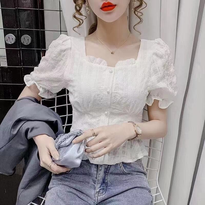 Camisa de manga curta com gola quadrada e Chiffon Slim feminina