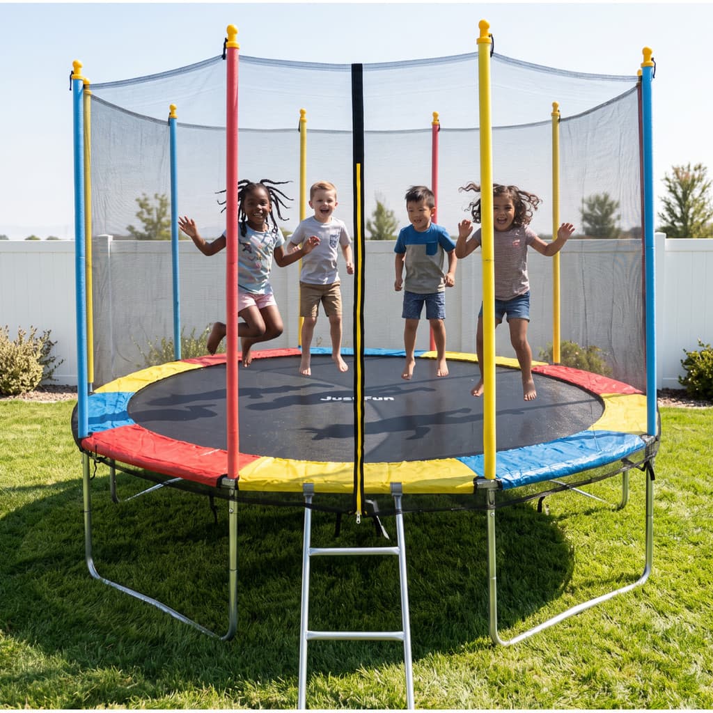 Cama Elástica Infantil 3,05M com Escada e Rede de Proteção Suporta 180kg Pula Pula Trampolim Colorida Aço Galvanizado
