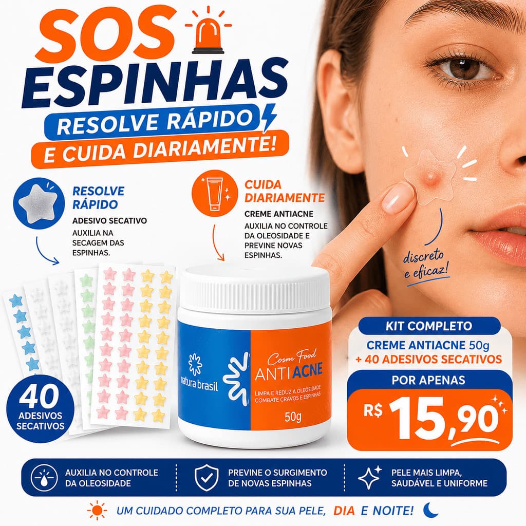 Kit Creme Antiacne + 40 adesivos de acnes secativos de espinhas e oleosidade